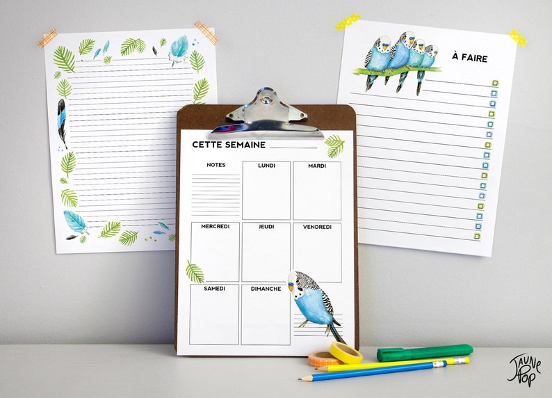 French weekly plan Blue budgies and leaves To do list for the week Downloadable and printable PDF files image 1
