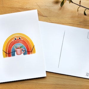 Petite affiche 5 x 7 ou Carte postale, Arc-en-ciel souriante buvant une tasse de fleurs, illustré par Jaune Pop à Montréal
