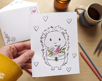 Carte à colorier et bricoler Hérisson mignon pour la Saint-Valentin ou envoyer de l'amour, à télécharger et imprimer, coloriage diy, JPG PDF
