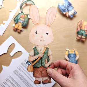 Muñeco de papel conejo para vestir, pintado en acuarela, descargar PDF para imprimir, juego creativo para niños