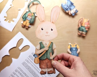 Poupée de papier Lapin à habiller, peint à l'aquarelle, téléchargement PDF à imprimer, jeu créatif pour enfant