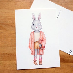 Lapin sur carte postale, illustration à l'aquarelle sur carton 5x7, fait au canada