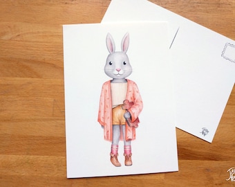 Lapin sur carte postale, illustration à l'aquarelle sur carton 5x7, fait au canada