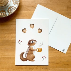 Tamia et sa tasse, petite affiche 5x7 verso carte postale, illustration par Jaune Pop, décor ou correspondance