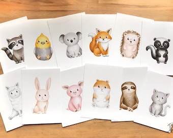 Ensemble de 12 Cartes Postales ou Affichettes 5 x 7 représentant chacune un animal différent illustrées par Jaune Pop à Montréal