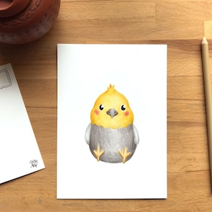 Cartel de la Cotorra Cockatiel en cartón 5 x 7, postcard de nuevo, ilustración por Marie-Anne Dubé de Yellow Pop, animal de la selva