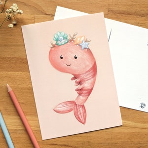 Crevette rose et coquillages, illustration sur petite affiche 5x7 servant aussi de carte postale, papeterie illustrée par Jaune Pop