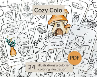 May include: A collection of coloring illustrations featuring whimsical scenes with animals, mushrooms, and cozy elements. The image includes the text "Cozy Colo" and "24 illustrations à colorier coloring illustration". A PDF icon is also visible.