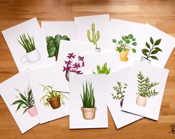 May include: A collection of 11 watercolour illustrations of potted plants, each on a separate white card. The plants include a snake plant, a peace lily, a succulent, a fern, and a variety of leafy plants.