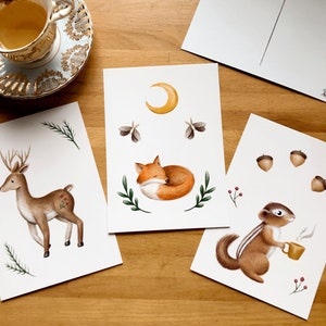 Renard, Tamia et Chevreuil, 3 illustrations sur petite affiche 5x7 servant aussi de cartes postales, papeterie illustrée par Jaune Pop