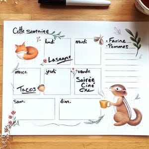 Planificateur de semaine tamia et renard, pour repas, activités, fichier pdf et jpg au format Lettre