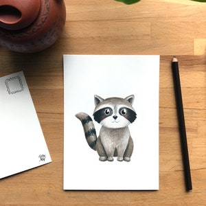 Raton laveur sur carte postale pouvant servir de petite affiche 5x7, animal de la vie sauvage illustré par Jaune Pop à Montréal