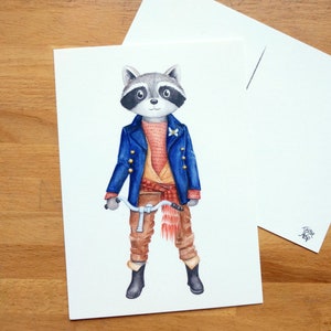Mapache en postal, ilustración en acuarela sobre cartón 5x7, hecho en Canadá
