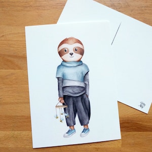 Perezoso en postal, ilustración en acuarela sobre cartón 5x7, hecho en Canadá