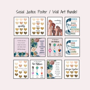 Set di stampe per la giustizia sociale di 12, pacchetto d&#39;arte per la giustizia sociale, set di poster per la giustizia sociale, arte del femminismo, arte della parete sulla diversità, poster sull&#39;uguaglianza