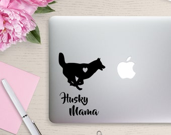 May include: Black and white silhouette of a husky dog running with a heart in its chest. The text "Husky Mama" is below the dog.