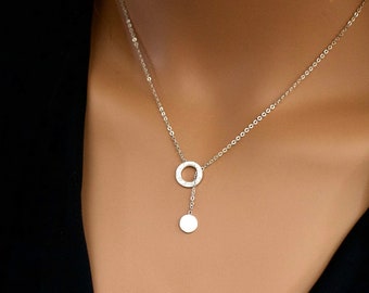 Hammered Circle Lariat Necklace with Disc, Infinity Lariat in Sterling Silver, Minimalist Circle Y Drop