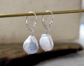 Large Baroque Pearl Drop Earrings • Freshwater Pearl Earring • Sterling Silver Lever Back