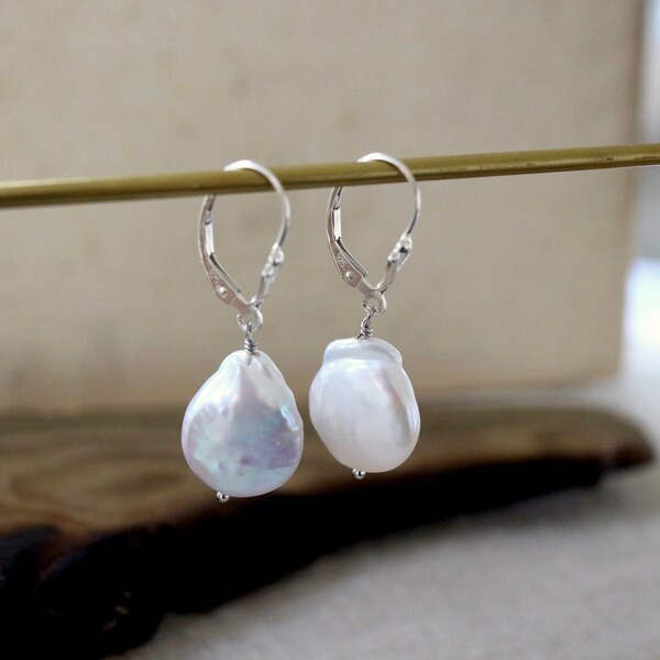 Large Baroque Pearl Drop Earrings • Freshwater Pearl Earring • Sterling Silver Lever Back