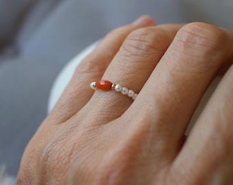 Pearl and Coral Beaded Ring: Elastic Stacking Ring