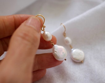 Grandes boucles d'oreilles pendantes en perles baroques • Boucles d'oreilles en perles d'eau douce • Bijoux de mariage • Bijoux de mariée