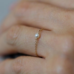 Ultra Thin Chain Ring • 3mm Swarovski Round Pearl Chain Ring • Dainty Stacking Chain Ring • Sterling Silver and Gold filled