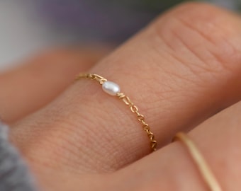 Dainty Freshwater Pearl Chain Ring: Sterling Silver or Gold-Filled