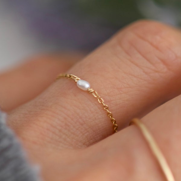 Ultra Thin Chain Ring • AAA Quality Freshwater Pearl Chain Ring • Dainty Stacking Chain Ring • Minimalist Chain Ring