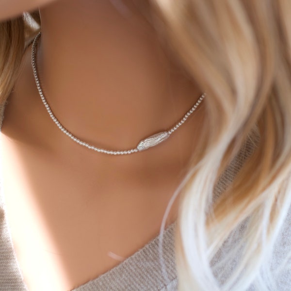 Biwa Stick Genuine Freshwater Accent Necklace • Tiny Pearl Necklace • 2mm Pearl Necklace