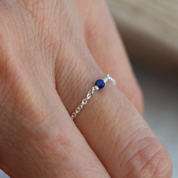 Mini Gemstone Ring • 2mm Lapis Lazuli Simple Ring • 925 Silver Chain Ring • Minimalist Chain Ring • Stacking Ring • Delicate Chain Ring