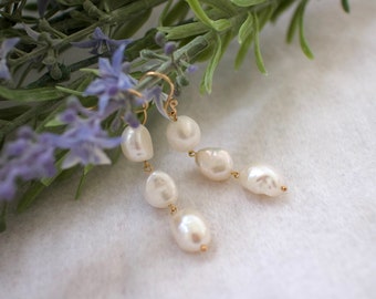 3 Tier White Pearl Earrings • Freshwater Pearl Drop Earrings • Pearl Triple Drop Earrings • Wedding Jewelry • Bachelorette Party