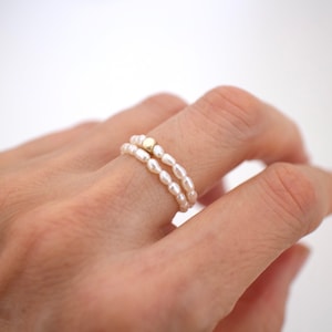 Tiny Freshwater Pearl Ring • 5 Colors Elastic Cord • Pearl Beaded Ring • African Metal Bead • Wedding Gift