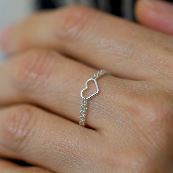 Heart Double Chain Ring • Dainty Sterling Silver Chain Ring • Stacking Chain Ring  •