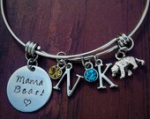 Mama Bear Bangle Custom Mama Bear Bracelet Personalized Mother Charm Family Initals Birthstones Mama Jewelry Handstamped Bangle Bear Charms