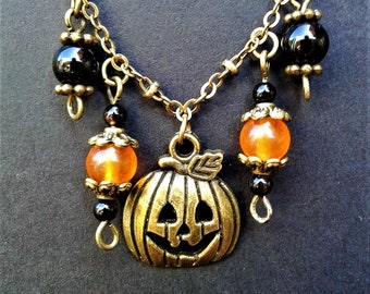 Naszyjnik na Halloween Naszyjnik z dynią Biżuteria jesienna Antyczny brąz Urok Jacka O Lantern Naturalny kamień szlachetny Pomarańczowy Topaz Czarny Onxy Agat Kamień szlachetny