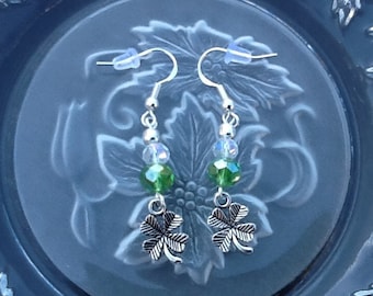 St Patrick's Day Earrings, Four Leaf Clover Earrings, Shamrock Earrings, Luck of the Irish Earrings, Green Swarovski Crystals, Handmade