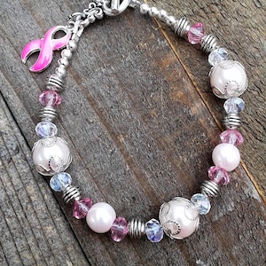 Breast Cancer Awareness Bracelet, Breast Cancer Bracelet, Pink Pearl Cancer Bracelet, Pink Enamel Ribbon Charm, Pink Strong, Hope, Faith