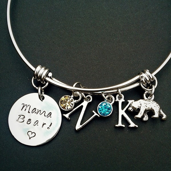 Mama Bear Bangle Custom Mama Bear Bracelet Personalized Mother Charm Family Initals Birthstones Mama Jewelry Handstamped Bangle Bear Charms