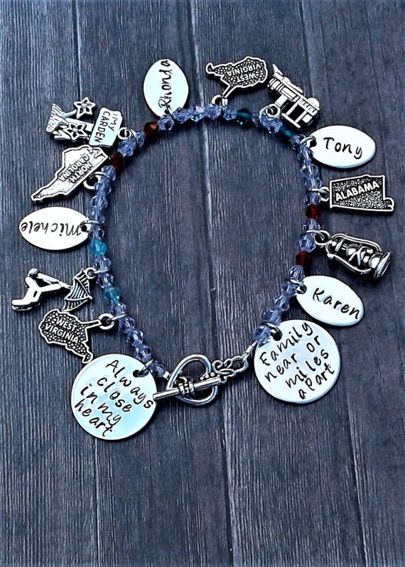 Mother s Custom Family Charm Bracelet Personalized Family Hand Stamped Name State Family Near or Miles Apart Always Close in My Heart Charms Etsy