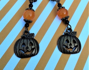 Kolczyki z dyni Halloween Biżuteria na Halloween Antyczny brąz Dynia Jack O Lantern Charms Jesień Jesień Pomarańczowy Topaz Czarny Onyks Kamienie szlachetne