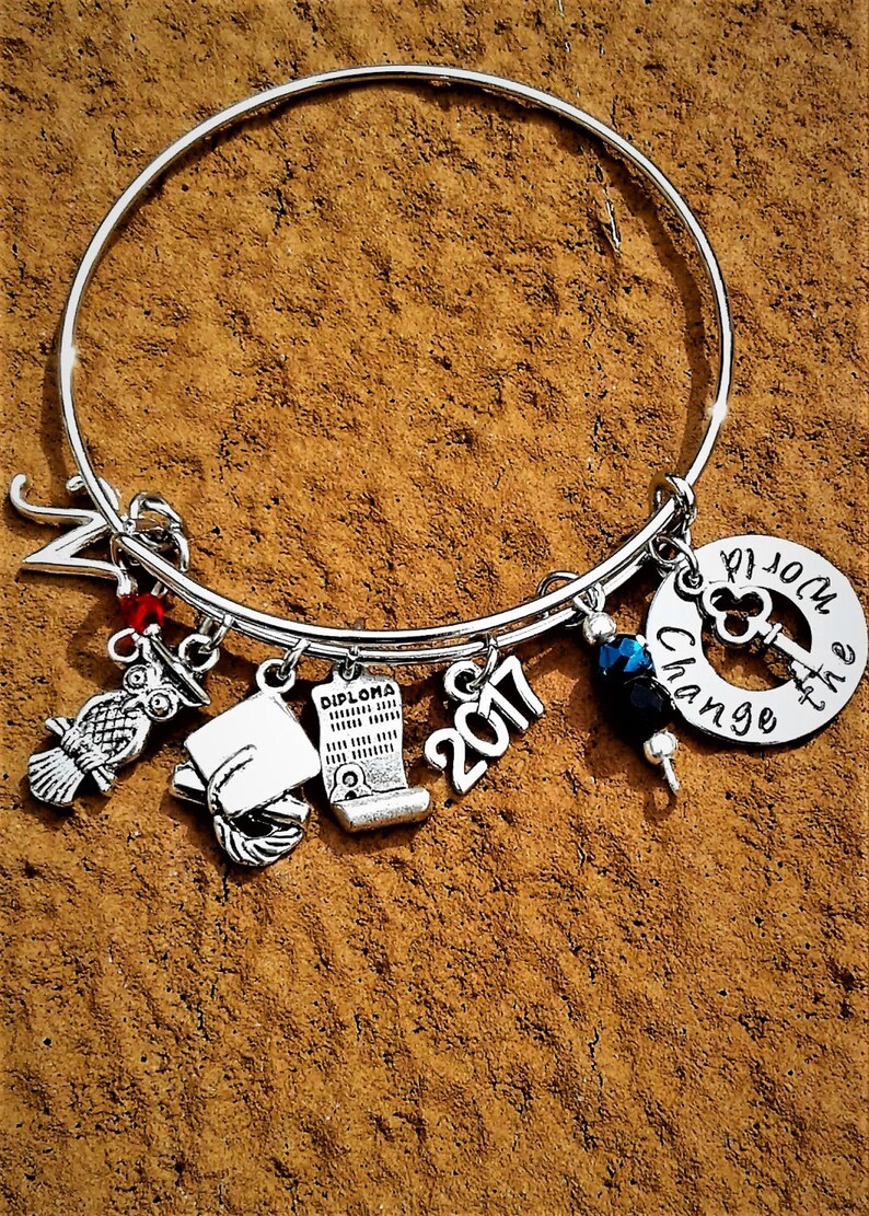 Personalized Graduation Bracelet Custom Graduation Bangle Class of 2019 Graduation Gift Jewelry Change the World Hand Stamped Charm Inital