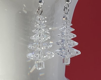 Boucles d'oreilles arbre de Noël, cristaux Swarovski transparents, argent sterling, boucles d'oreilles des fêtes, boucles d'oreilles arbre de Noël à 5 niveaux, fait main, cadeau pour elle