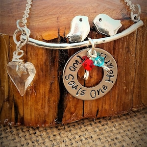 Customized Two Souls One Heart Charm Necklace, Valentine&#39;s Day Gift, Anniversary Engagement Wedding Gift, Hand Stamped, Sterling Silver