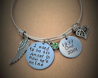 I used to be his Angel Custom Dad Memorial Charm Bangle Personalized Father Memorial Grandfather Bracelet Hand Stamped Remembrance Sympathy