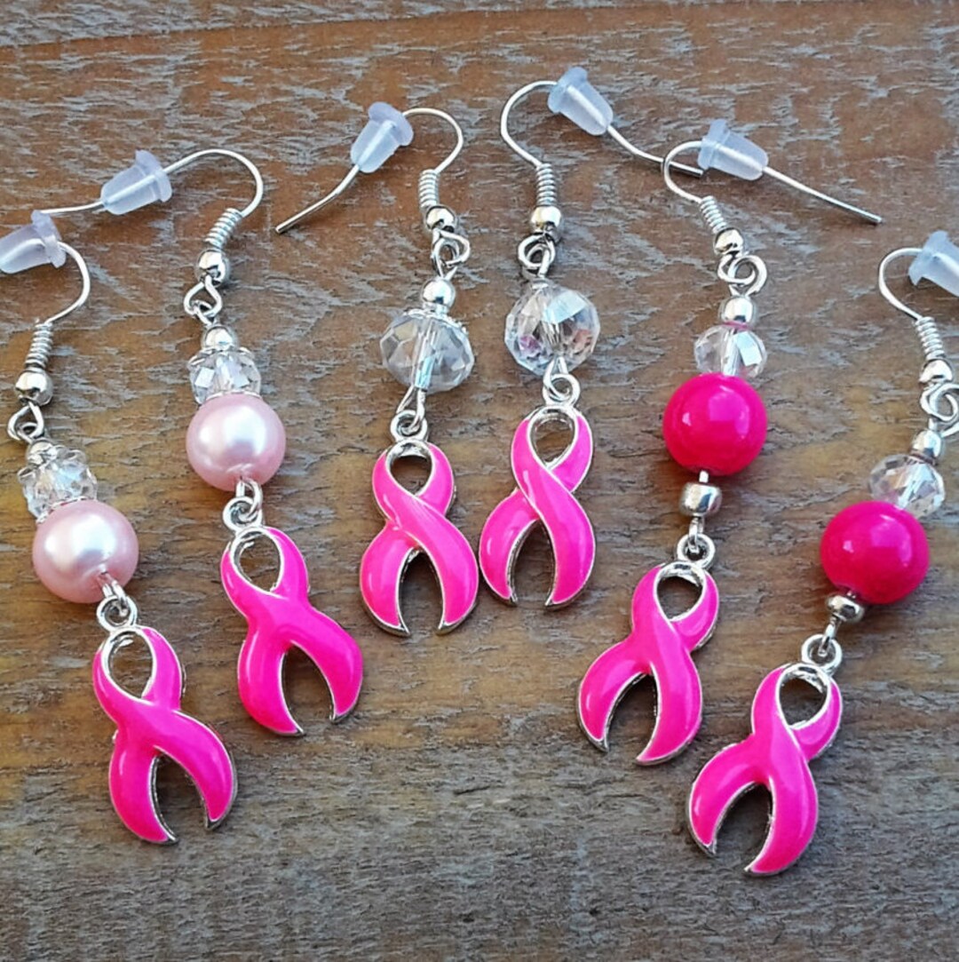 Breast Cancer Earrings, Breast Cancer Awareness Earrings, Pink Enamel Ribbon Charms, Sterling