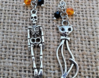 Halloween Niepasujące Kolczyki Upiorny Halloween Gotycka Biżuteria Straszny Szkielet Wiedźmy Kot Urok Czarny Pomarańczowy Kryształy Swarovskiego Srebrne Ucho