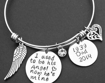 I used to be his Angel Custom Dad Memorial Charm Bangle Personalized Father Memorial Grandfather Bracelet Hand Stamped Remembrance Sympathy