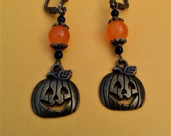 Kolczyki z dyni Halloween Biżuteria na Halloween Antyczny brąz Dynia Jack O Lantern Charms Jesień Jesień Pomarańczowy Topaz Czarny Onyks Kamienie szlachetne