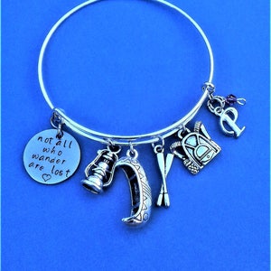 Not All Who Wander Are Lost Custom Charm Bracelet Custom Bangle Bracelet Personalized Camping Bracelet Canoeing  Hiking  Camping Charms