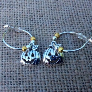 Halloween Earrings, Pumpkin Hoop Earrings, Silver Pumpkin Earrings, Pumpkin Charms, Holiday Earrings, Sterling Silver Plated Hoop Earrings
